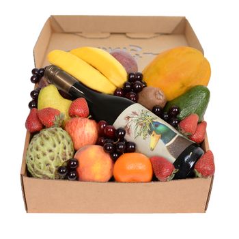 Deluxe Fruit Hamper with Red Wine Special Flowers