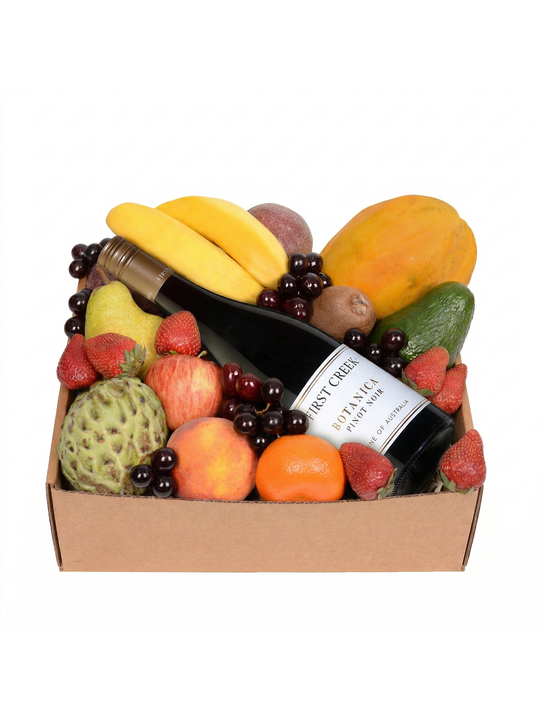 Deluxe Fruit Hamper with Red Wine Flowers