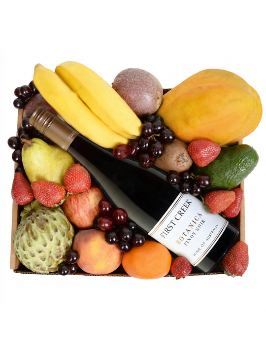 Deluxe Fruit Hamper with Red Wine Flowers
