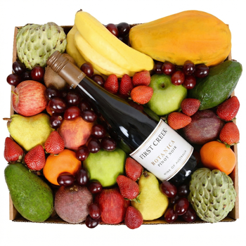 Deluxe Fruit Hamper with Red Wine Large Flowers