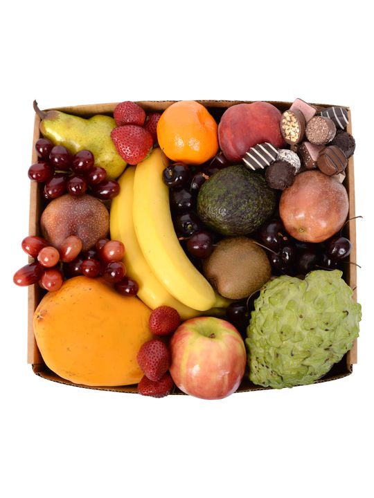 Deluxe Fruit Hamper with Dark Chocs Flowers