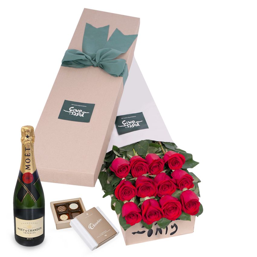12 Red Roses for Valentine's Day Gift Box with Moet