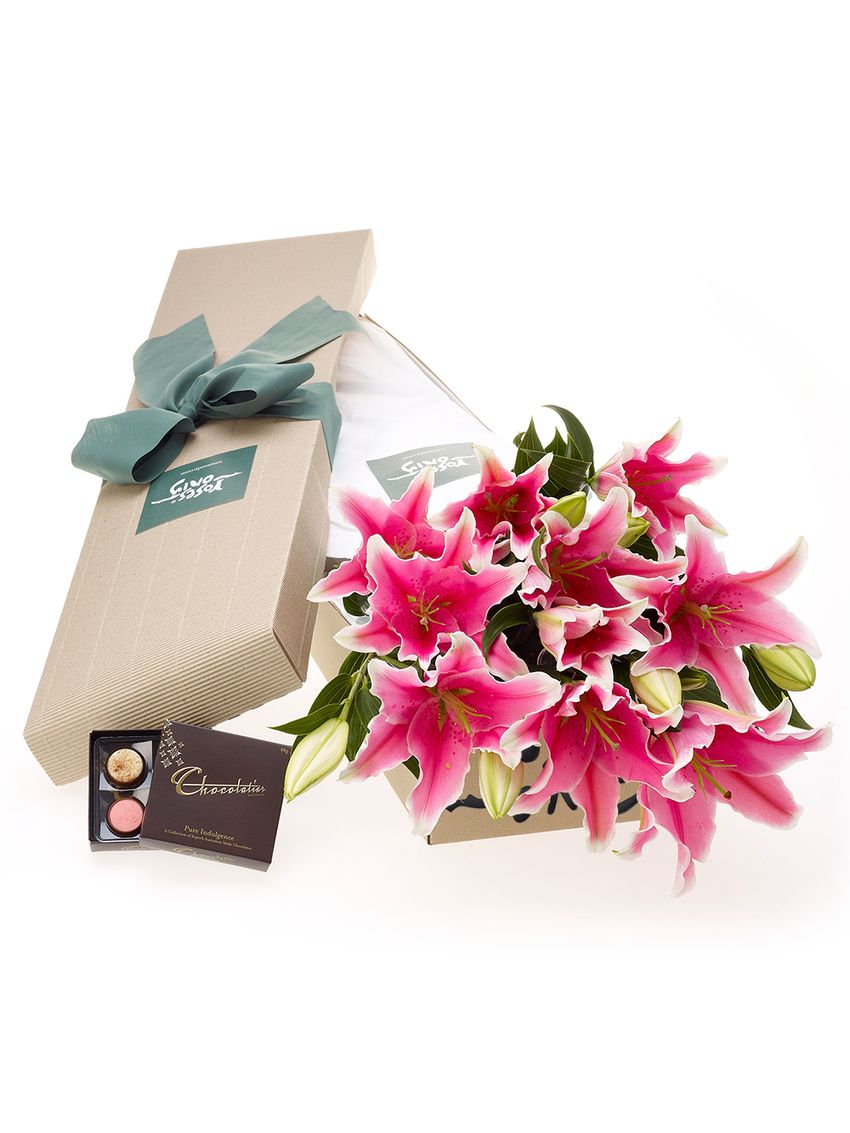 Oriental Lilies & Chocolates Flower Gift Box