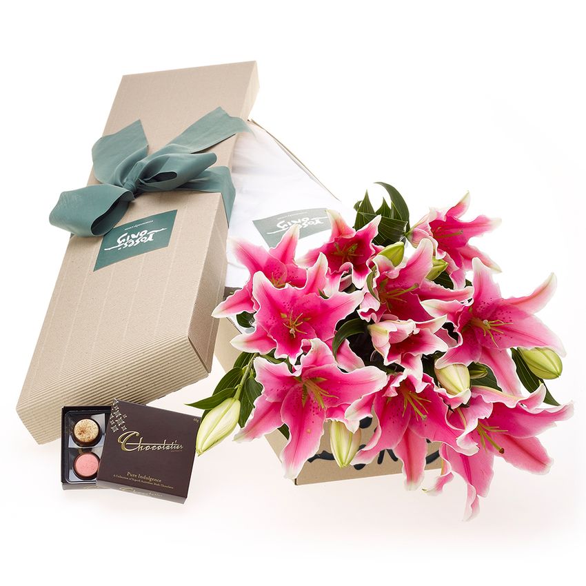 Oriental Lilies & Chocolates Flower Gift Box