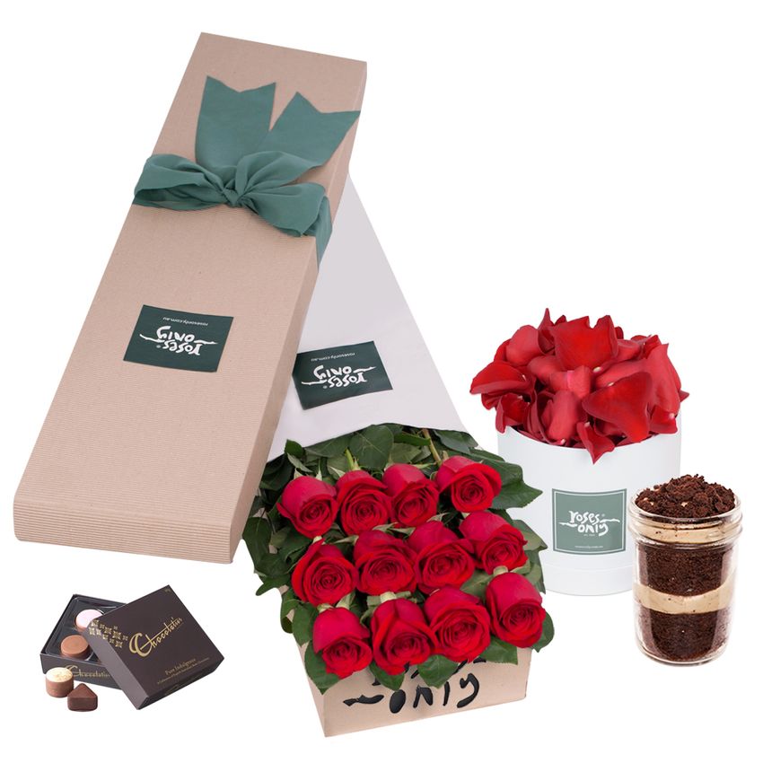Long Stemmed Roses Gift Box Red 12 with Rose Petals and Jarcake