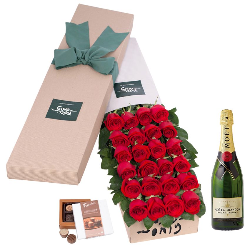 Long Stemmed Roses Gift Box Red 24 with Moet