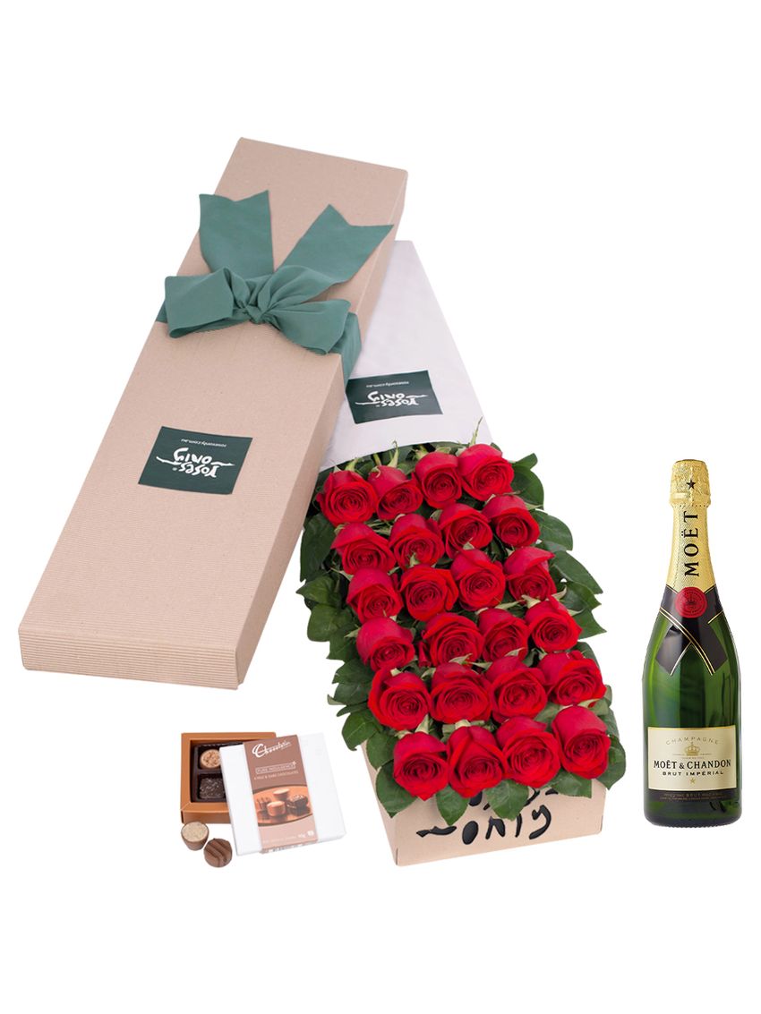 Long Stemmed Roses Gift Box Red 24 with Moet