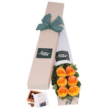 Long Stemmed Roses Gift Box Orange 6 Flowers