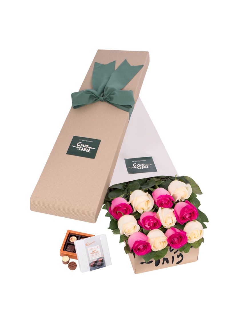Long Stemmed Roses Gift Box Pink & White 12