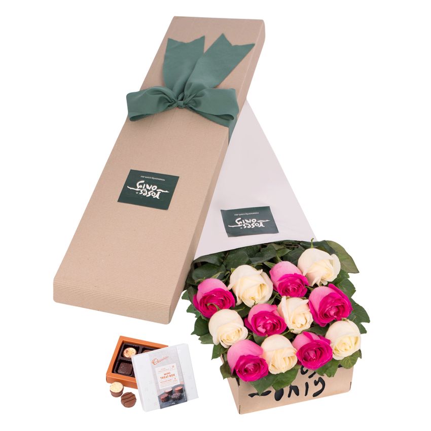 Long Stemmed Roses Gift Box Pink & White 12