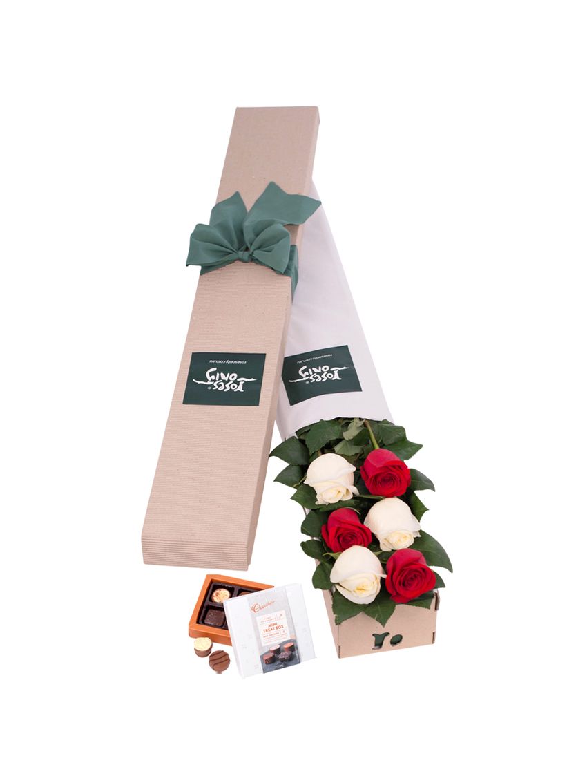 Long Stemmed Roses Gift Box Red & White 6