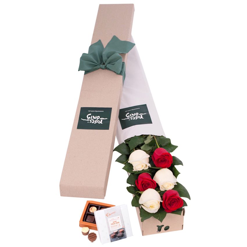 Long Stemmed Roses Gift Box Red & White 6