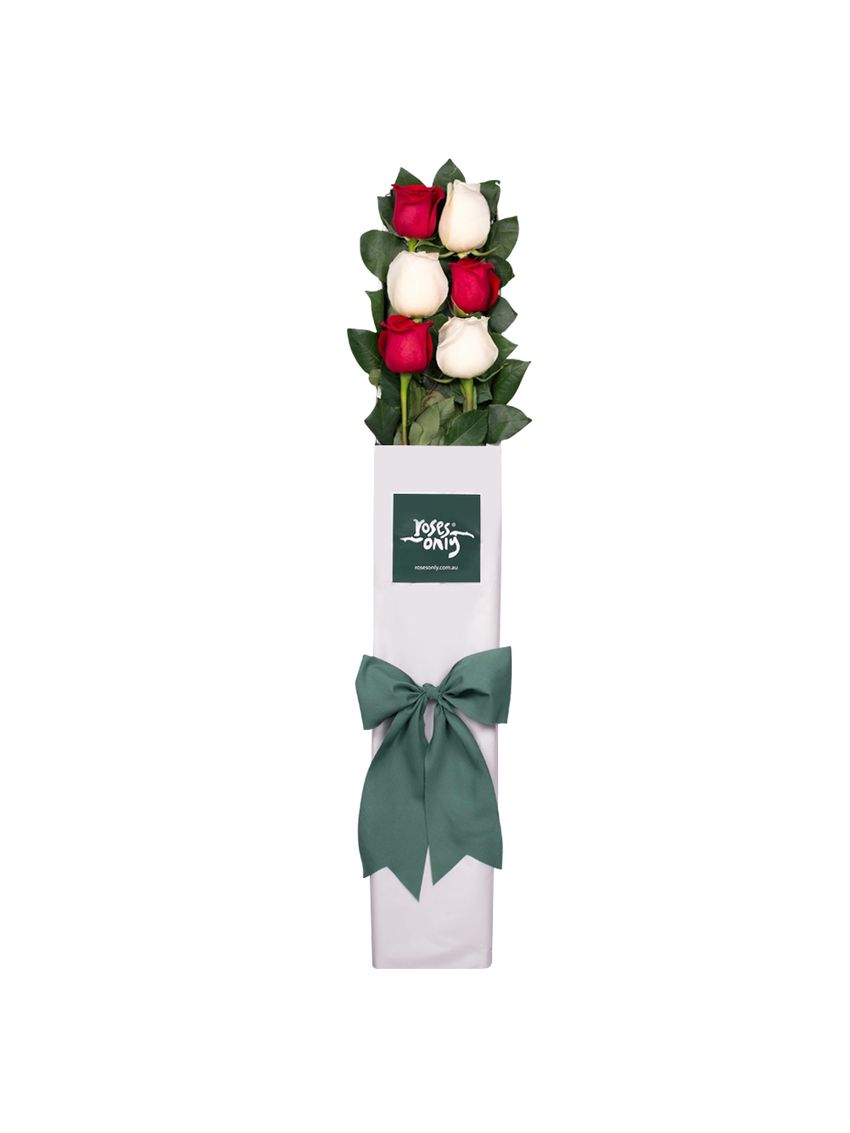 Long Stemmed Roses Gift Box Red & White 6