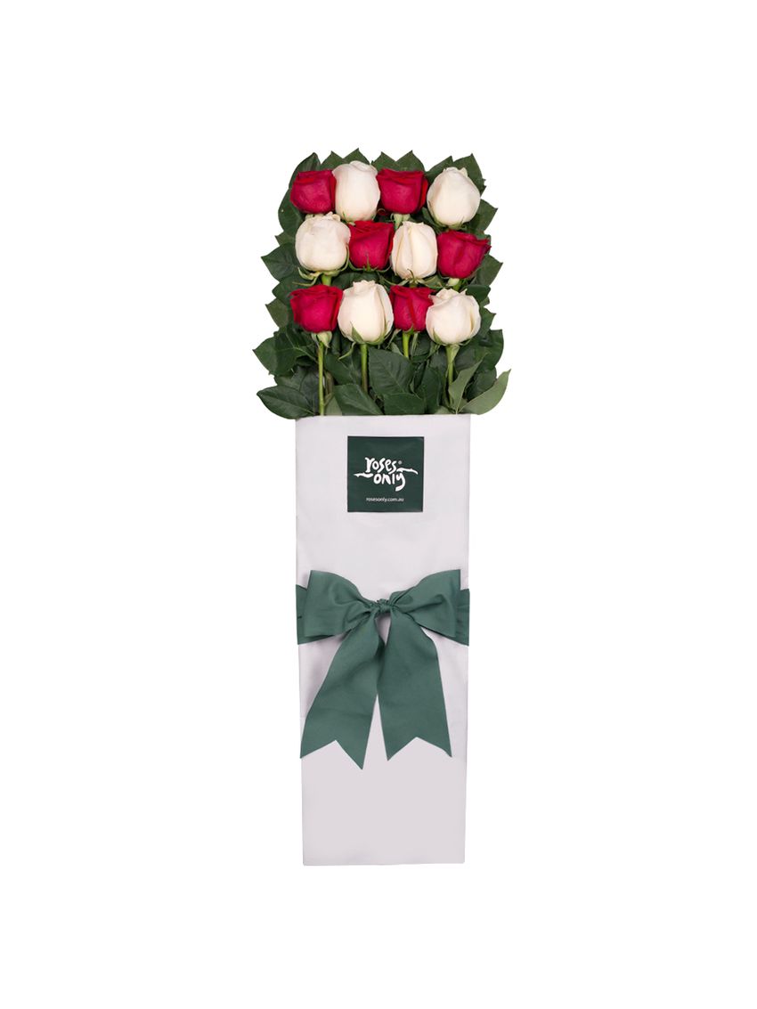 Long Stemmed Roses Gift Box Red & White 12