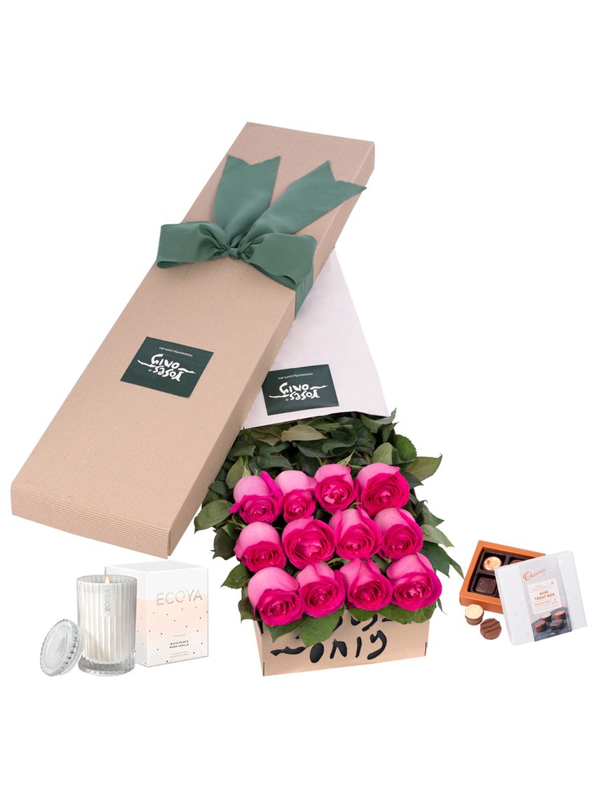 Long Stemmed Roses gift Box Pink 12 with Candle