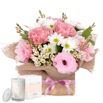 Pastel Posy in Hessian with Candle & Ribbon Flowers