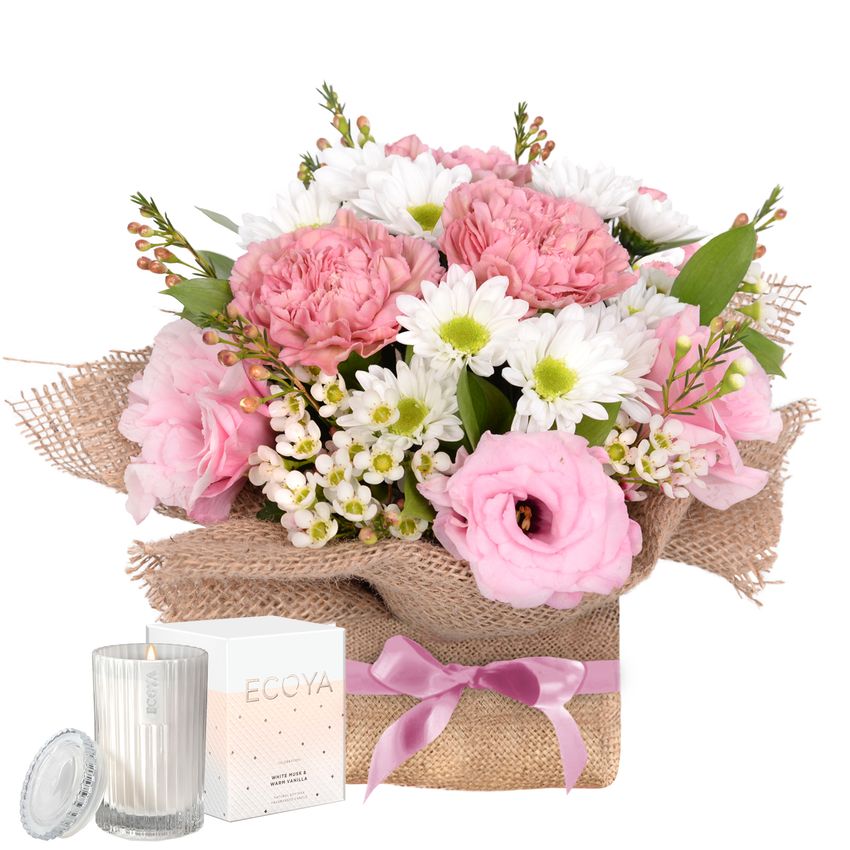Pastel Posy in Hessian with Candle & Ribbon