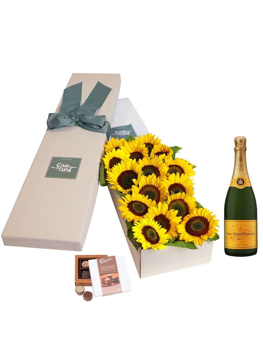15 Sunflowers Gift Box with Veuve