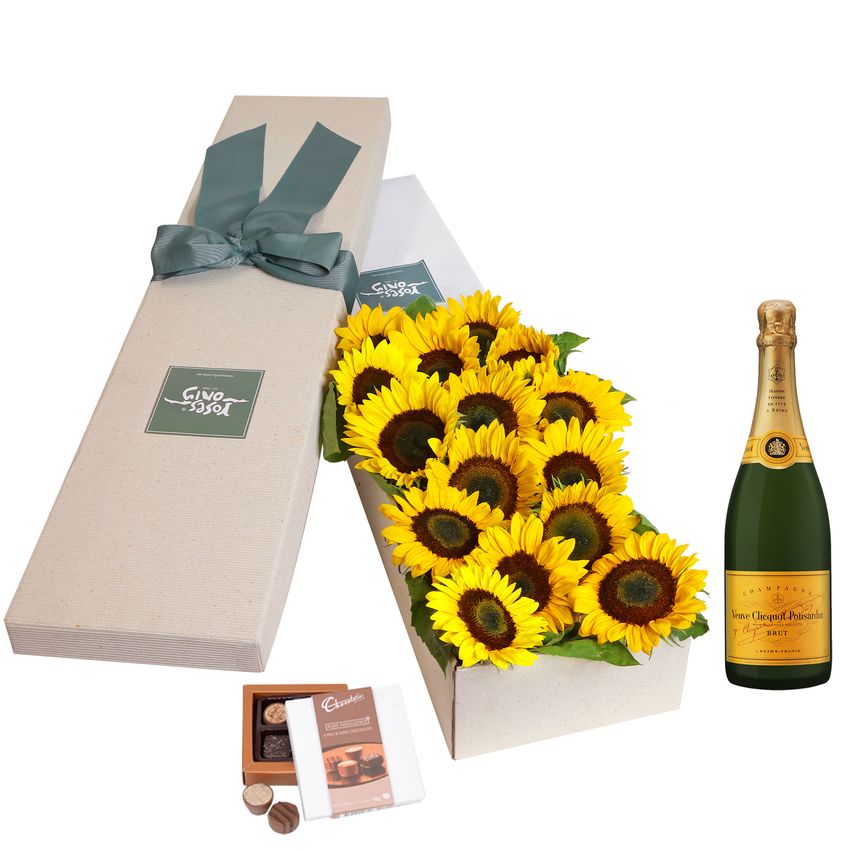 15 Sunflowers Gift Box with Veuve