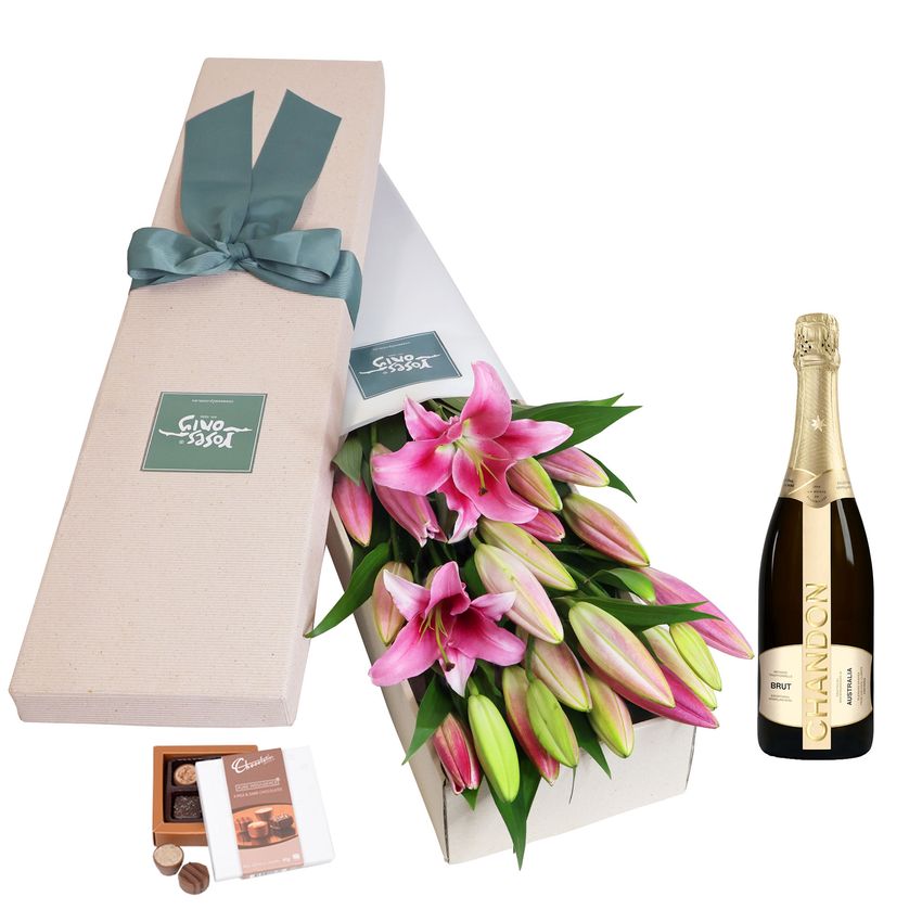 10 Pink Oriental Lilies Gift Box with Chandon