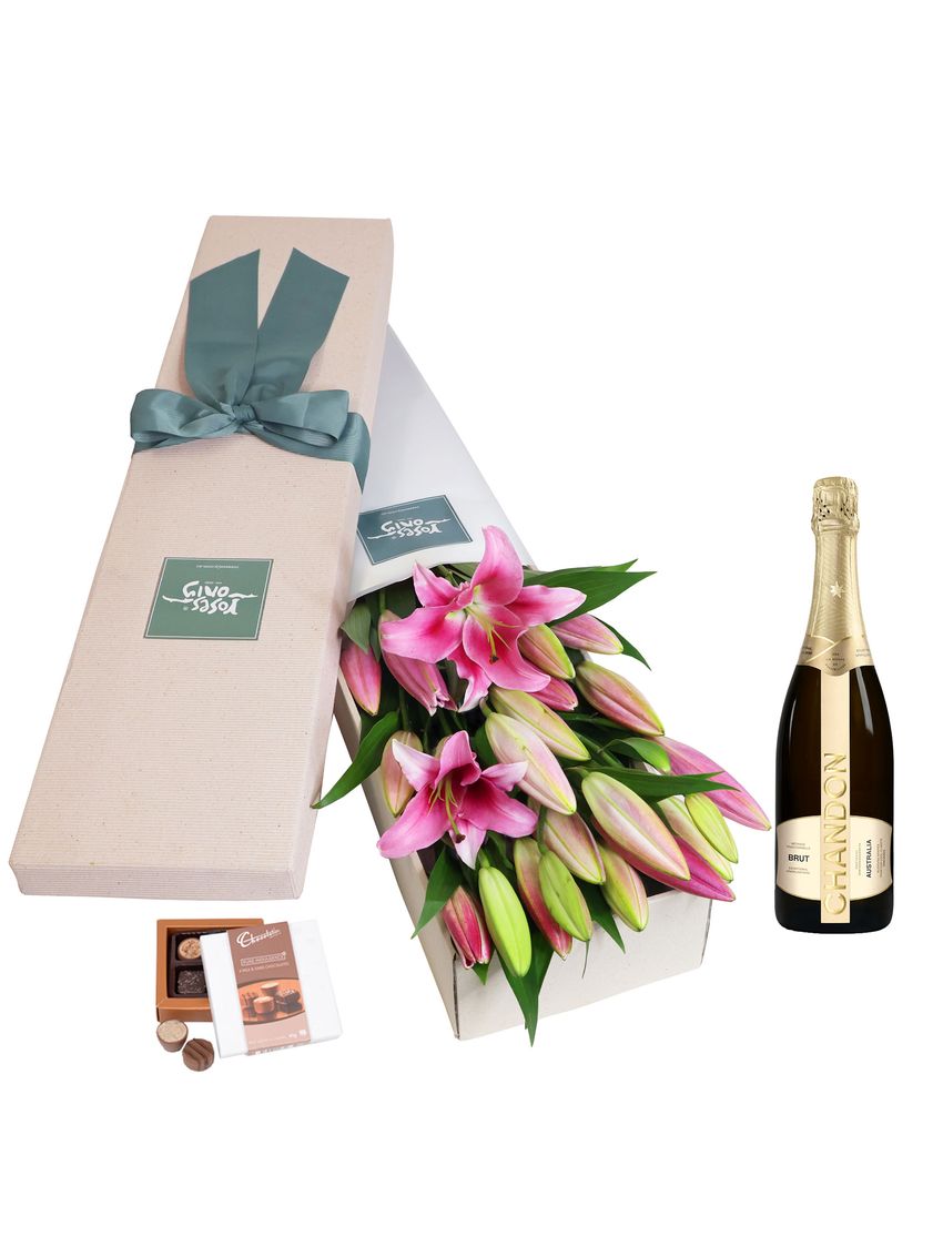 10 Pink Oriental Lilies Gift Box with Chandon