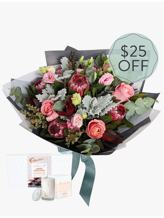 Blushing Natives with Candle & Chocs Flowers