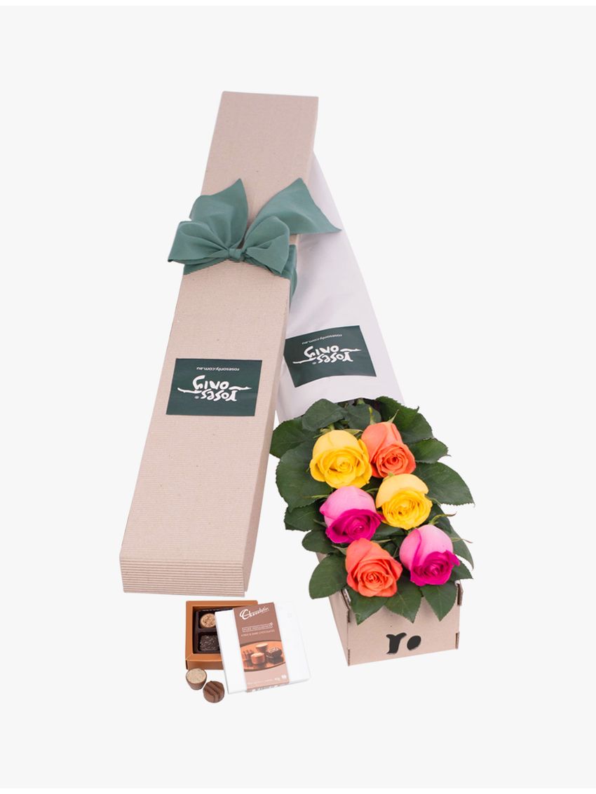 Long Stemmed Roses Gift Box Mixed 6