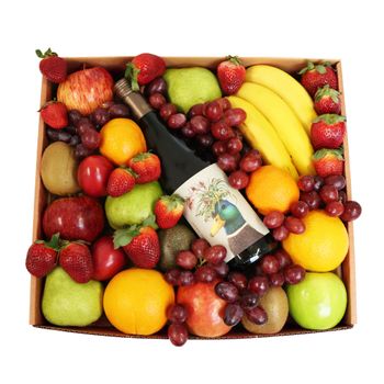 Classic Fruit Hamper with Red Wine Large Flowers