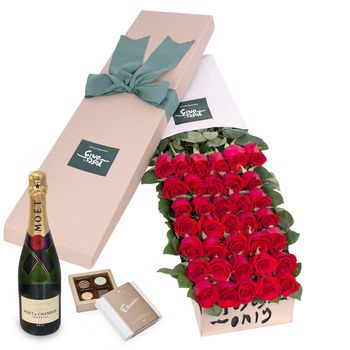 36 Red Roses for Valentine's Day Gift Box with Moet Flowers